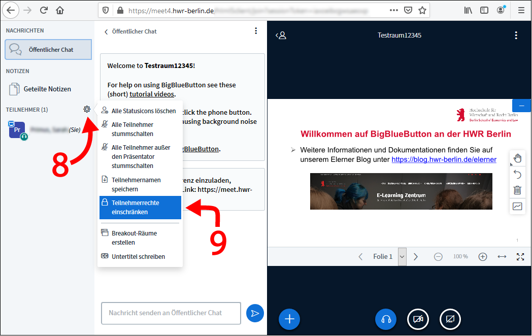 "Teilnehmerrechte einschränken" aufrufen