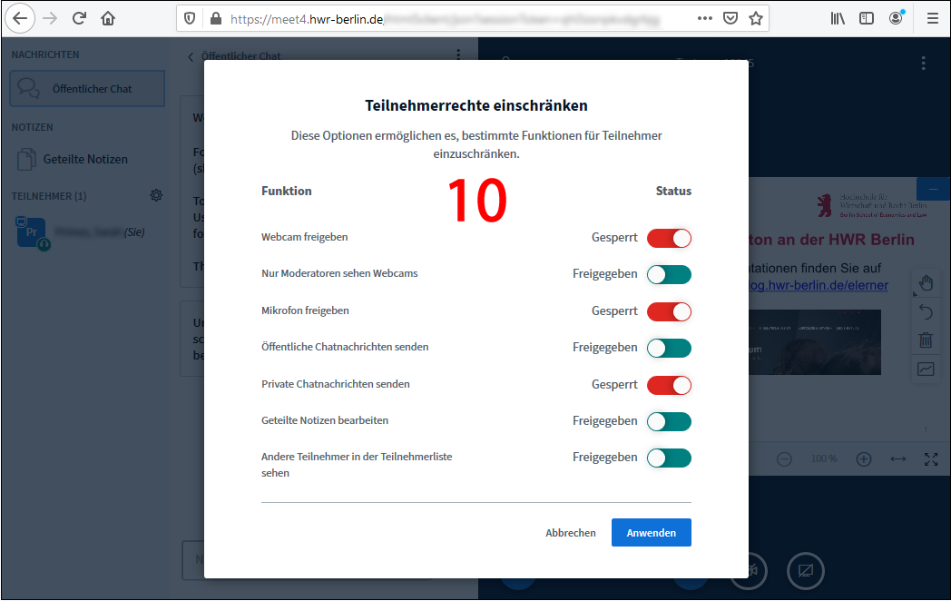 Teilnehmerrechte einstellen
