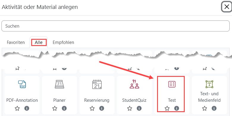 Aktivität Test auswählen Moodle-Aktivität Test im Menü auswählen