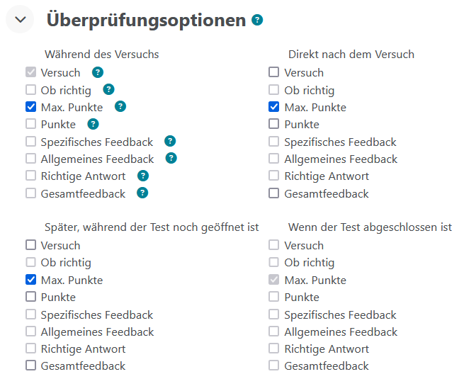Test Einstellung Überprüfungsoptionen Moodle Test Einstellung der Überprüfung