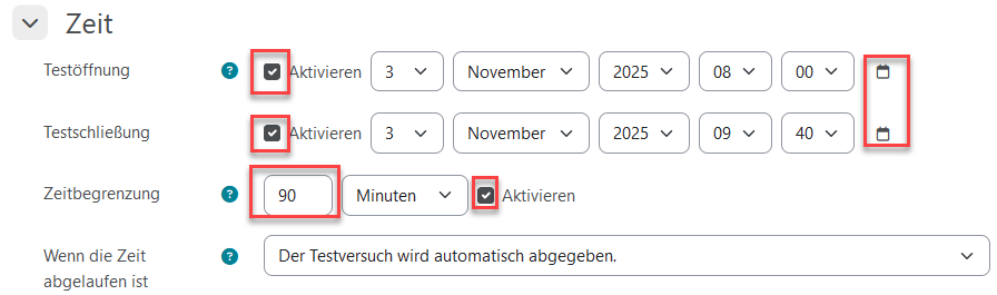 Test Setup Zeit Moodle Test Einstellung Zeit
