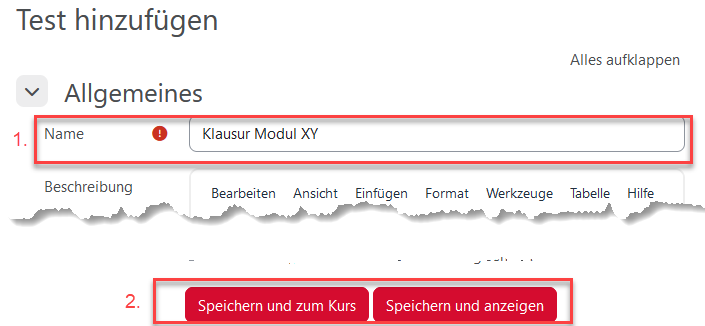 Test speichern Moodle Aktivität Test speichern