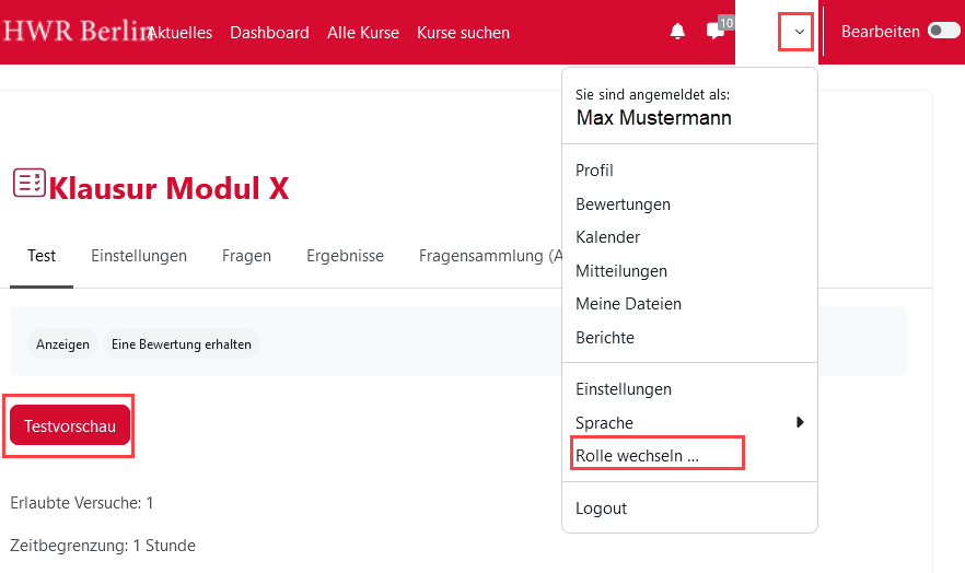 test_testen Testvorschau eines Moodle Tests